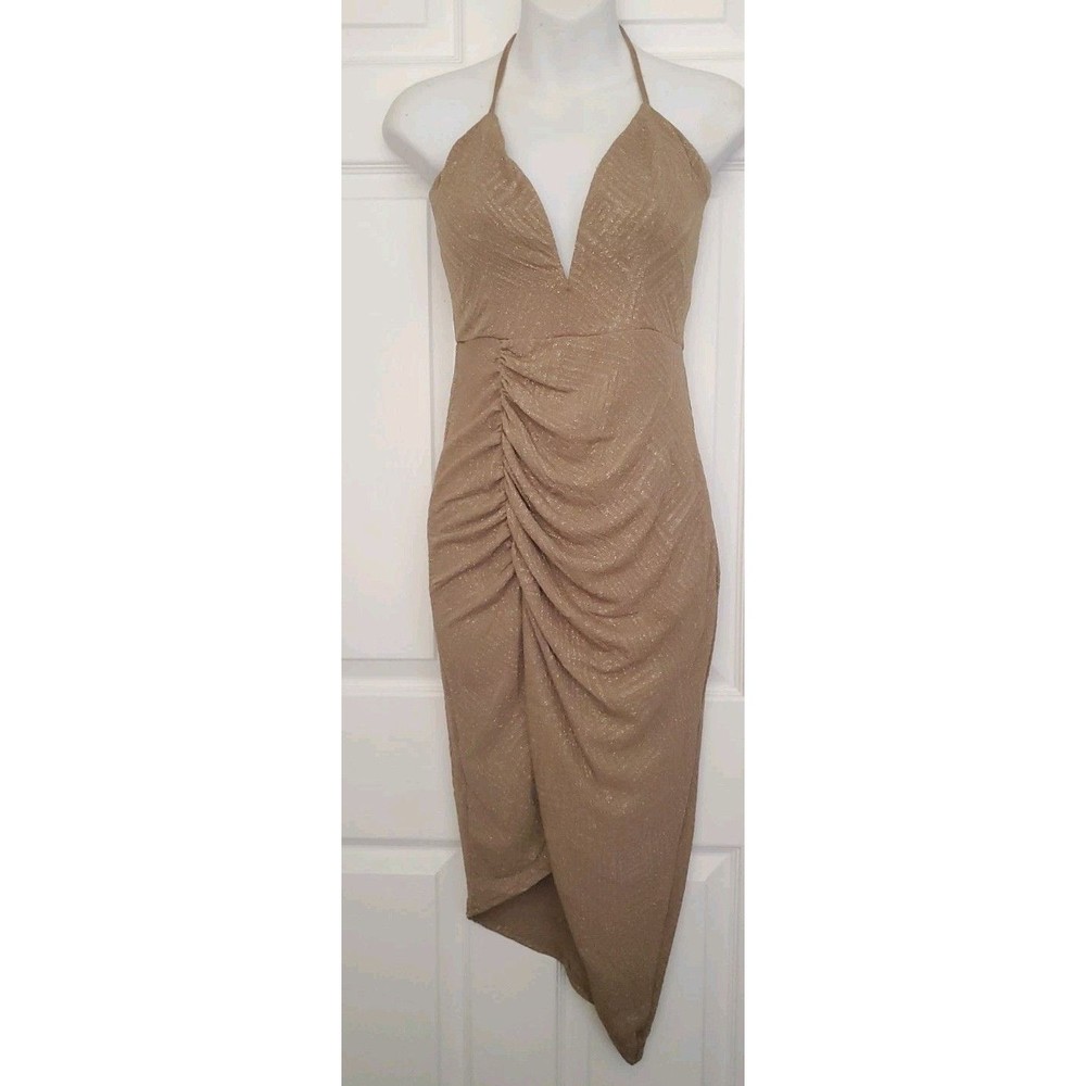 PAPAYA Gold Glitter Dress Size M Side Slit Assymetric Ruched Crimp NEW